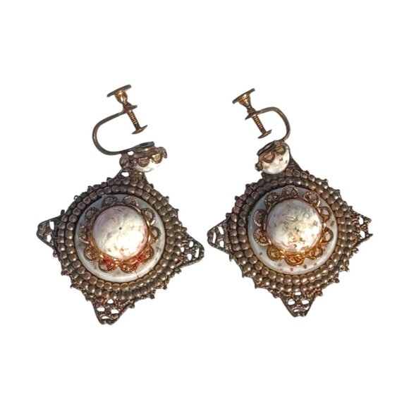 Vintage Art Deco Copper Filigree Clip-On Earrings With White Fleck Stone - Picture 5 of 8